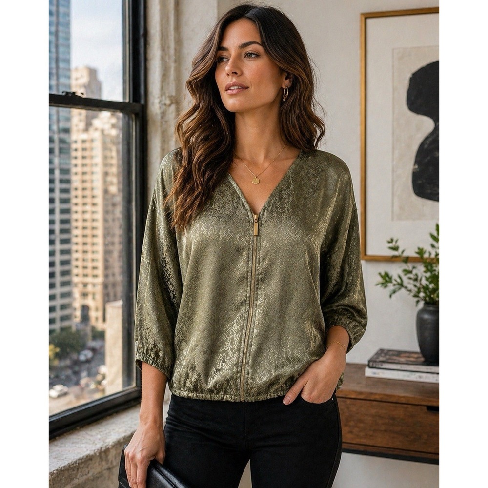Marc New York Andrew Marc Snake Print Zip Blouse Olive Green Dolman Sleeve Top L